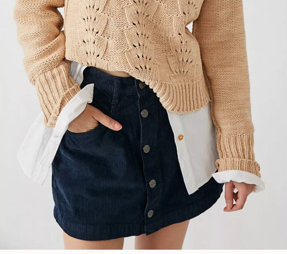 FREE PEOPLE | Ray Navy Blue Corduroy Button front Mini Skirt | Size 6